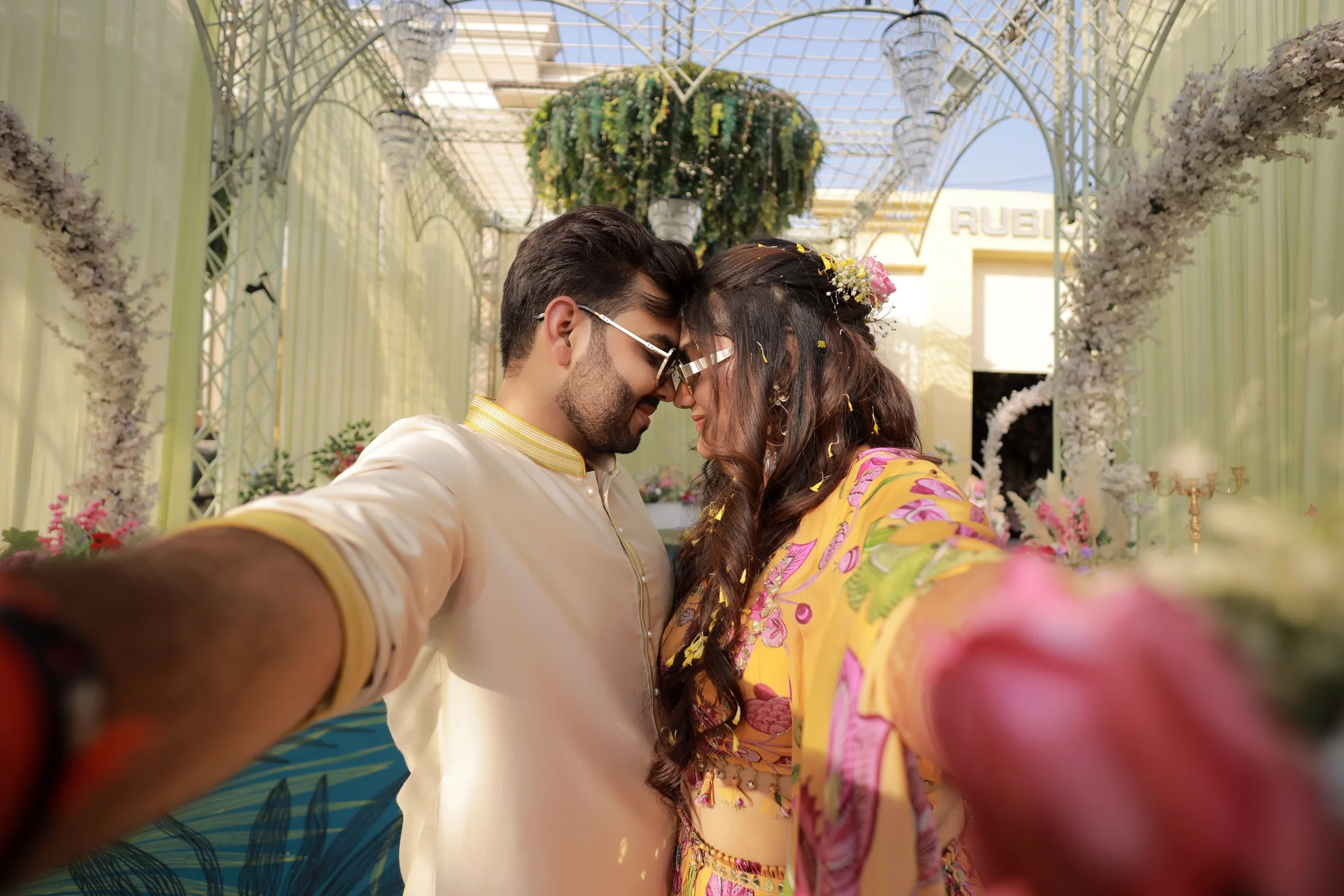 Couple sharing a playful close moment